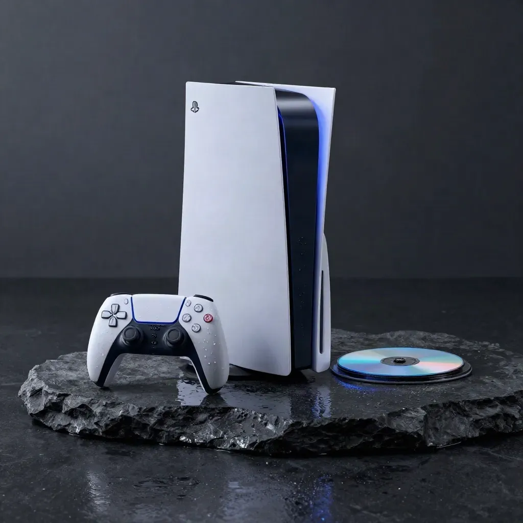 Console PS5 Slim su pietra bagnata con controller e custodia disco, luce fredda drammatica.