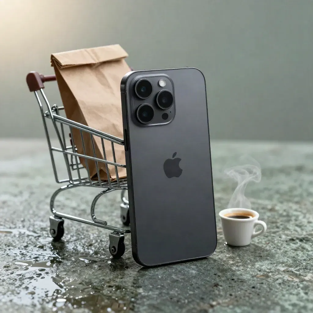 Smartphone, mini carrello, buste kraft e caffè su pietra bagnata dopo la pioggia