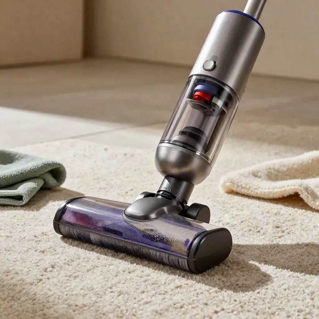 Aspirapolvere Dyson inclinato su tappeto, con accessorio extra e luce naturale morbida.