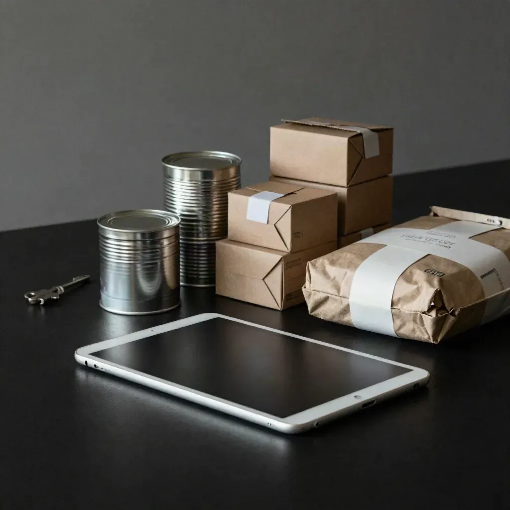 Tablet unbranded con scatole e pacco neutro su superficie nera, luce diagonale drammatica.