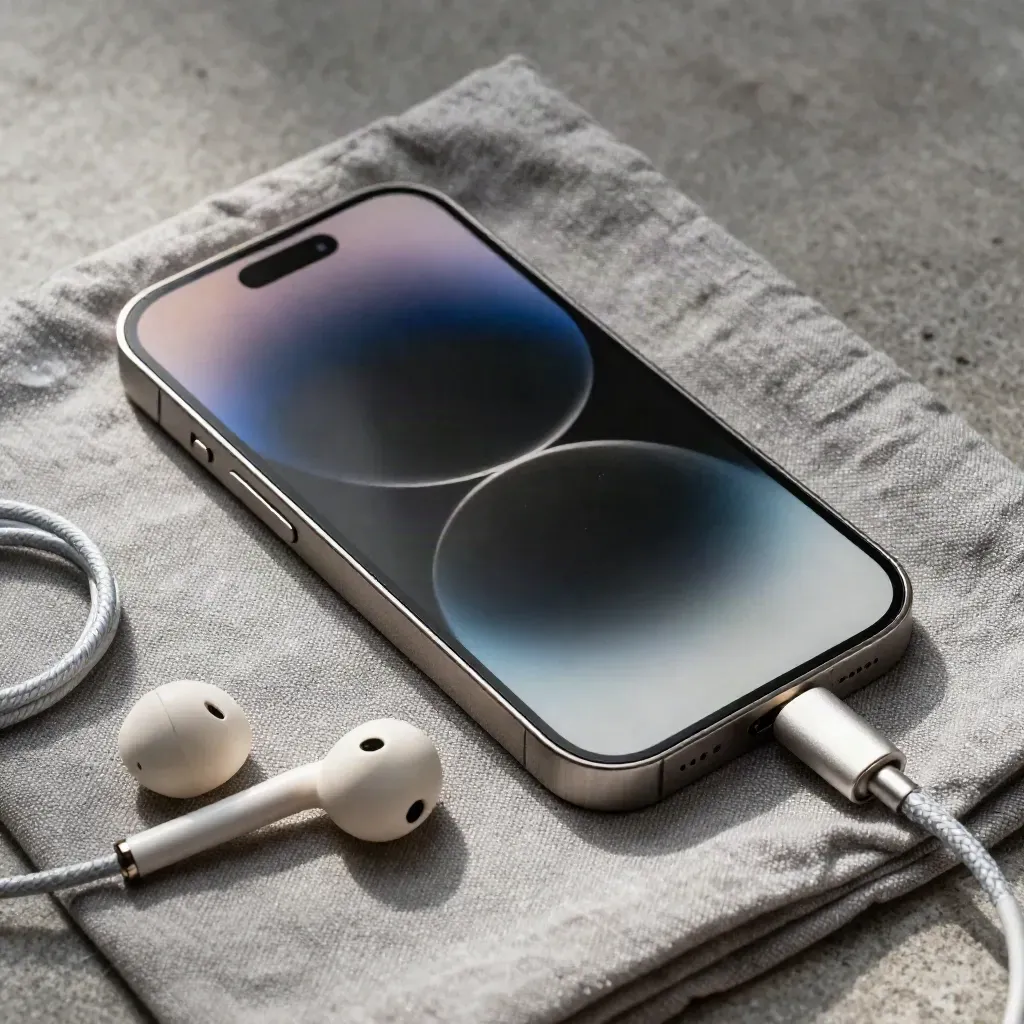iPhone in titanio con auricolari e cavo su lino grigio, luce radente e ombre nette