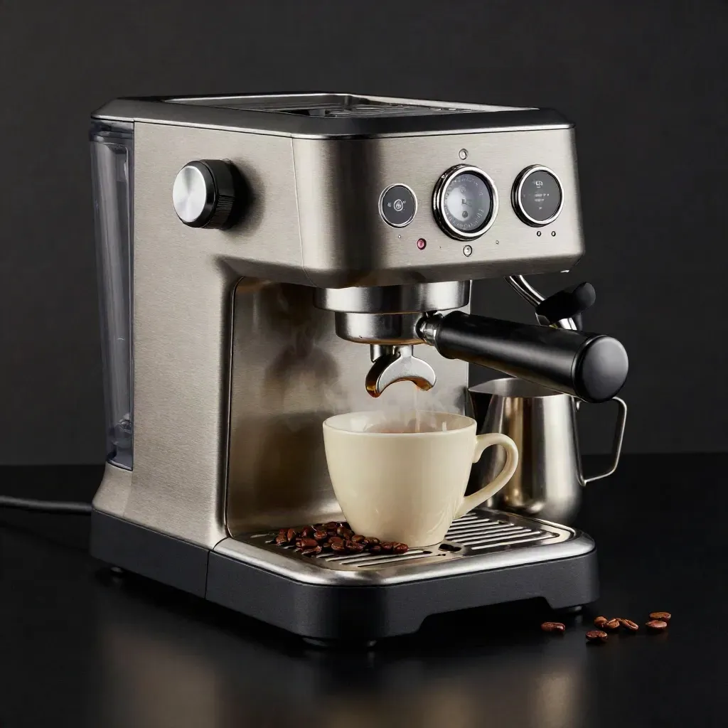 Macchina da caffè con tazzina, chicchi e bricco latte su sfondo scuro.