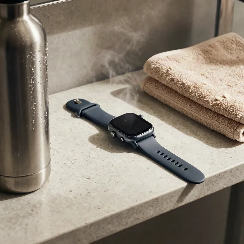 Smartwatch sportivo su mensola di travertino con borraccia, cinturino e asciugamano piegato
