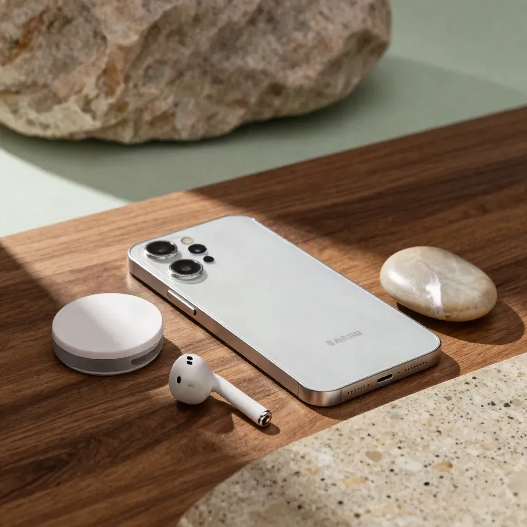 Samsung Galaxy A55 con auricolari e ricarica su lastra di travertino, luce morbida