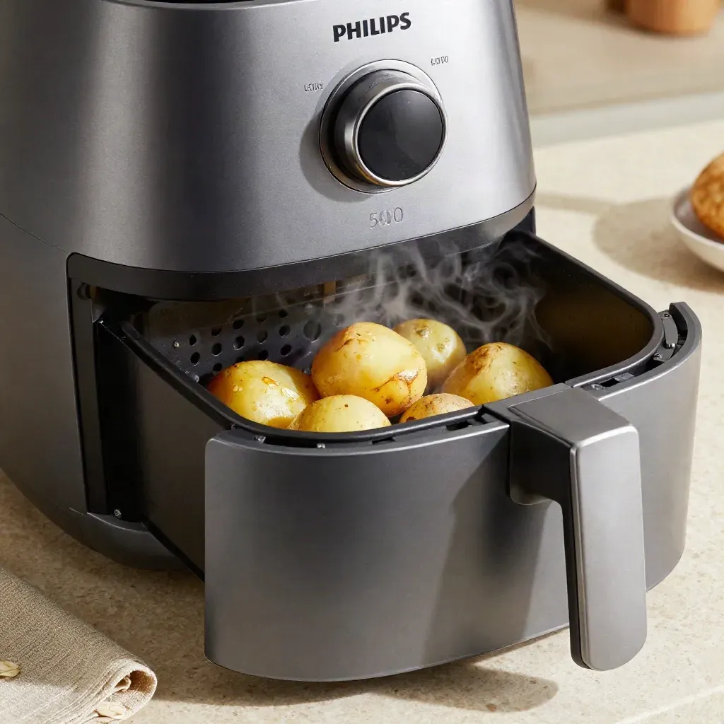 Airfryer aperto con patate fumanti, ciotola in ceramica e tovagliolo di lino su travertino