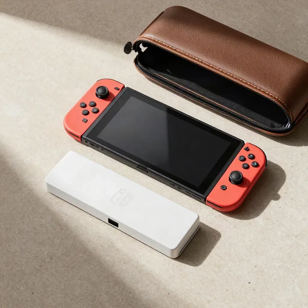 Flatlay dall'alto di Nintendo Switch OLED con dock, Joy-Con e custodia da viaggio su pietra chiara.