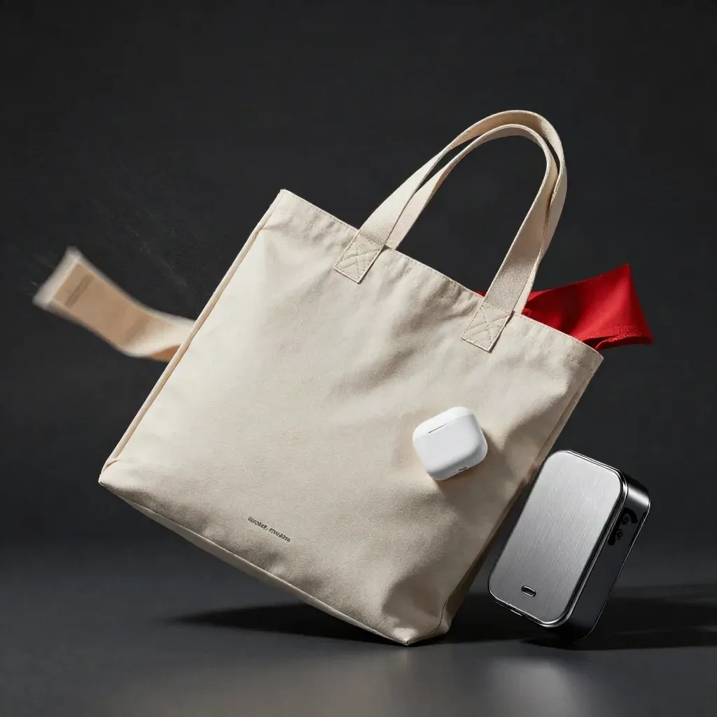 Mucchio dinamico di gadget e tessuti su fondo nero, luce drammatica e accento rosso.