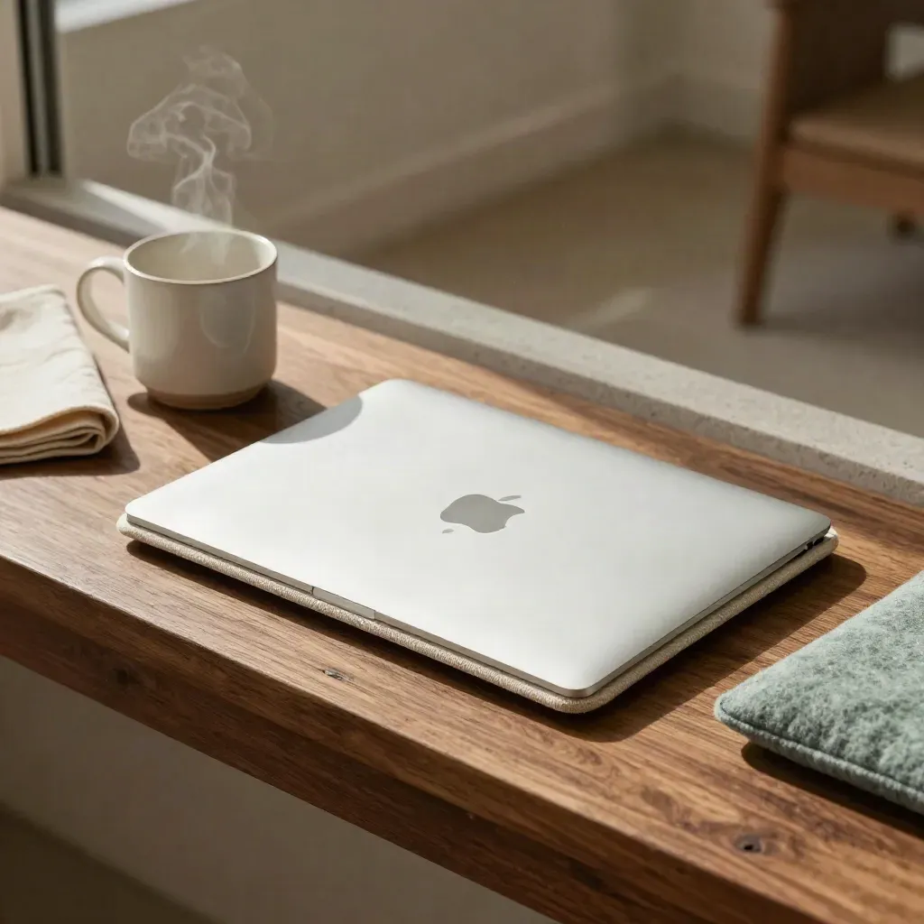 MacBook Air con sleeve in lino, tazza in ceramica e tessuto piegato su legno caldo.