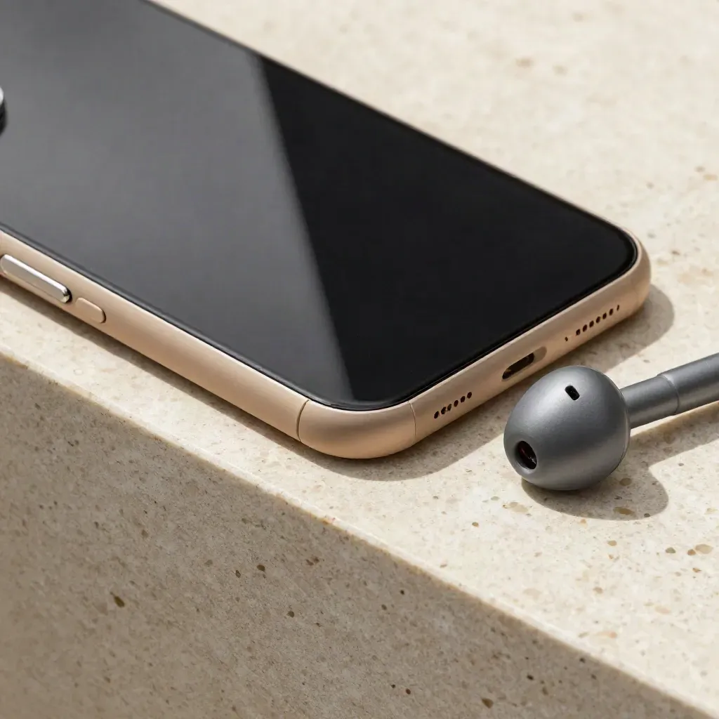 Smartphone grafite con cover in silicone e auricolare su pietra chiara, luce radente.
