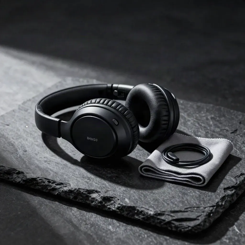 Cuffie over-ear nere in custodia aperta con cavo arrotolato su fondo scuro