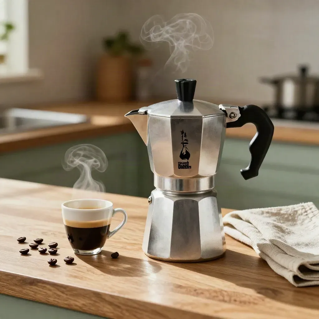 Moka Bialetti in alluminio con tazzina, chicchi di caffè e tovagliolo di lino, vapore caldo.