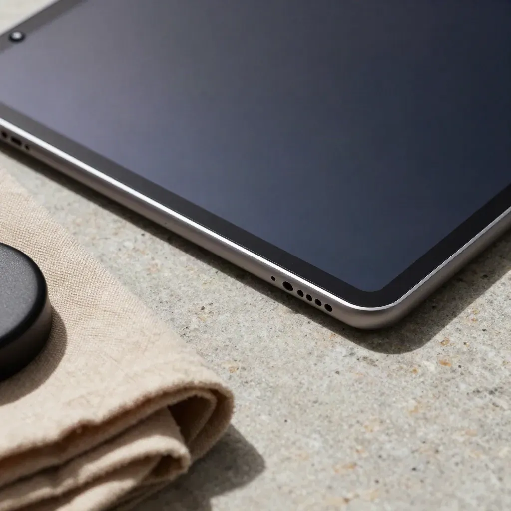 Tablet Samsung con stylus su pietra spazzolata, panno piegato e puck di ricarica