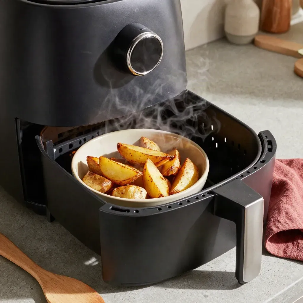 Friggitrice ad aria con cestello aperto, patate arrosto e spatola di legno su piano in pietra.