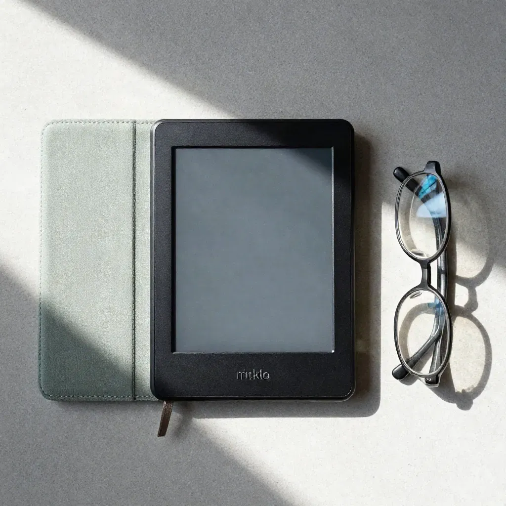 Kindle Paperwhite semiaperto con cover in tessuto, cordino segnalibro e occhiali su pietra.