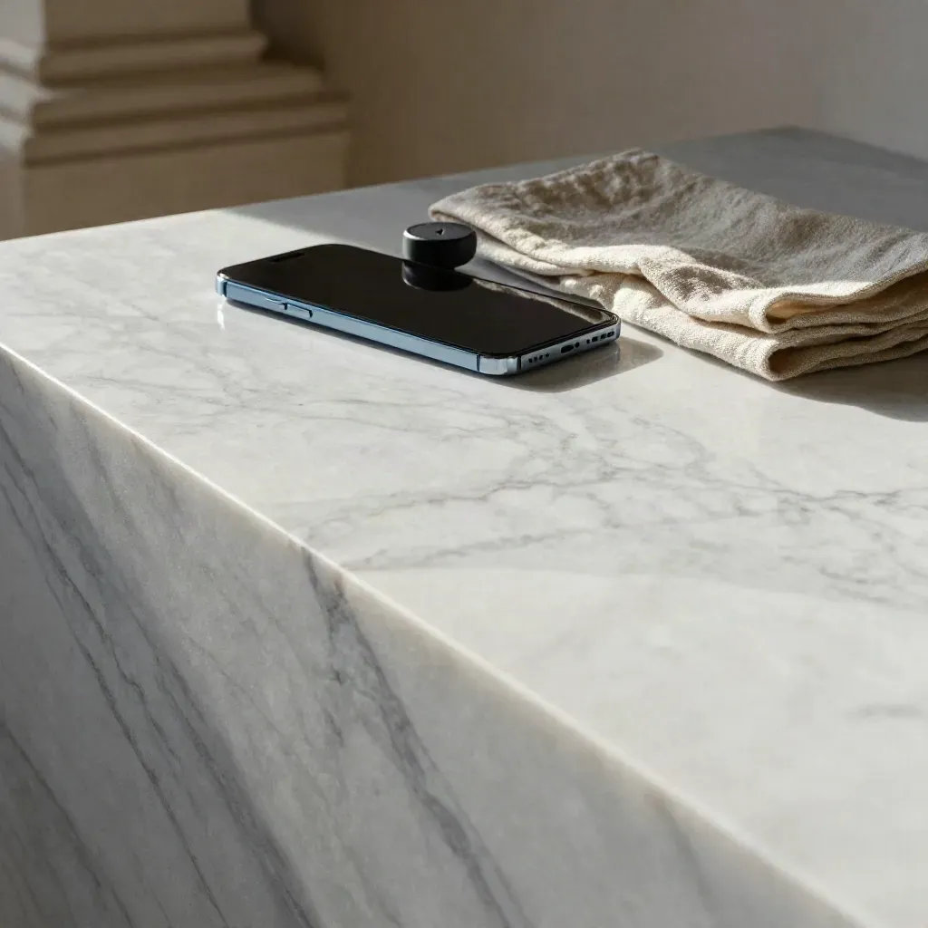 Lastra di marmo con smartphone in silhouette, base di ricarica e lino piegato in luce del mattino.