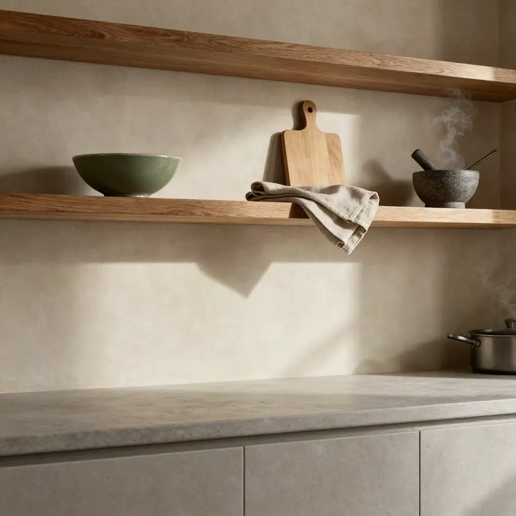 Interno cucina caldo con mensole in rovere, ciotole in ceramica e vapore soffice in alto