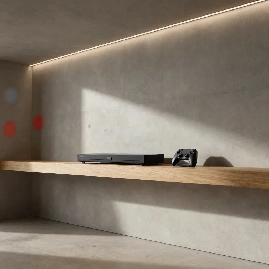 Nicchia gaming moderna in cemento con console, dock controller e luce fredda in alto.